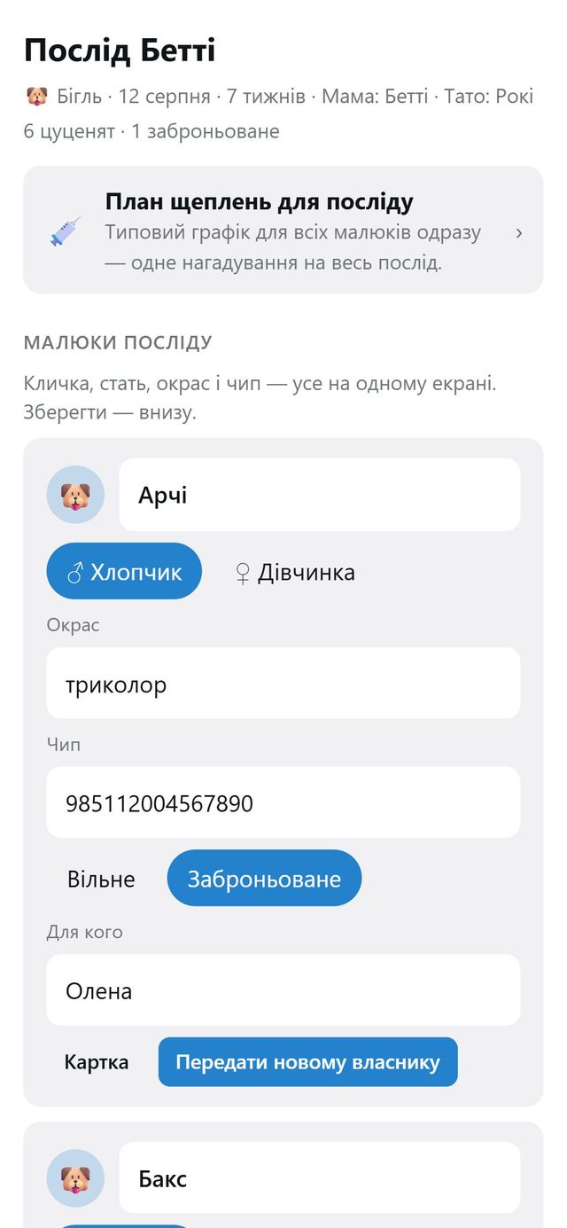 Екран посліду: шість цуценят бігля, окрас, чип і статус бронювання